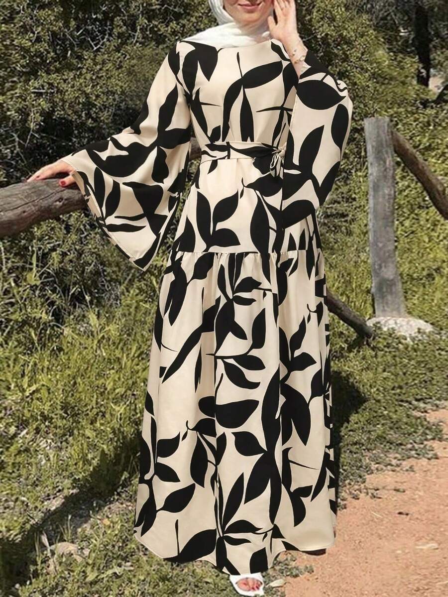 女式花卉印花喇叭袖休闲阿拉伯长袍连衣裙，端庄 - 卡其色 - 查看 1