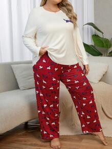 Plus Size Dog Printed Long Sleeve Pajama Set