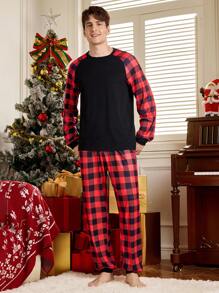 Bộ đồ ngủ gồm 2 chiếc áo thun dài tay cổ tròn in họa tiết kẻ caro và quần dài cho nam - Đỏ - Xem 6