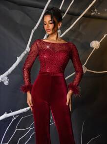 Glamrae Eleganter, wunderschöner, roter, glitzernder Jumpsuit mit falschen roten Perlen und Pailletten, Patchwork-Stretchvelours mit transparenten Ärmeln, geeignet für Hochzeit, Party, Urlaub, Abschlussfeier, Damen Partybekleidung (stark verziert) - Bordeaux - Übersicht 4