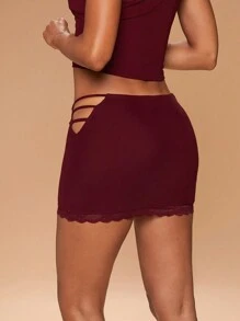 Hauture Women's Lace Patchwork Applique Bodycon Burgundy Mini Skirt,Autumn Bandage Side Cut-Out Strap Detail Night Out Skirts For Club Party Performance - Burgundy - View 5