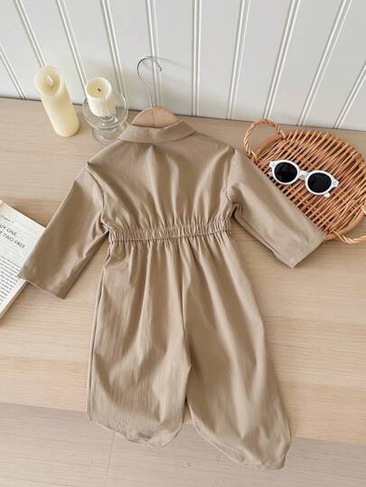 SHEIN LMoss Kids LMoss Newborn Baby Girl Solid Color Khaki Cute Jumpsuit With Long Pants, Autumn & Winter
