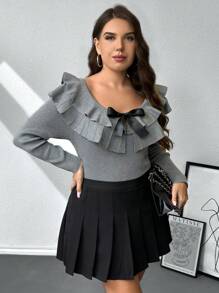 SHEIN Privé Áo len dệt kim cổ nhún bèo cỡ lớn cho nữ mùa thu/đông - Xám - Xem 5