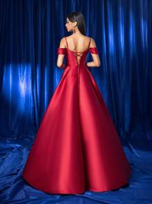 Kexmon Elegante Luxo Vermelho Cetim Brilhante Ombro Aberto Alta Fenda Vestido de Festa Formal, Vestido de Noite de Baile, Para Convidado de Casamento, Formatura, Jantar - Borgonha - Ver 2
