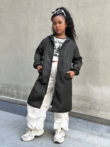 SHEIN Tween Girl Oversized Windbreaker Jacket, Hooded, Waterproof, Windproof, Printed Backside, Spring Autumn - Black - View 5