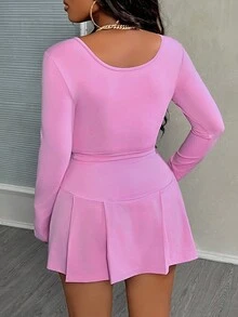 Slaydiva Bộ đồ nữ màu hồng thường ngày gồm áo dài tay co giãn và chân váy xếp ly. - Hồng - Xem 2