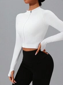 Long Sleeve Zipper Fitted Cropped Sport Jacket - White - View 5