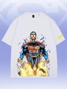 ROMWE MEN SUPERMAN X ROMWE Áo thun nam cổ tròn tay ngắn họa tiết hình người - trắng - Xem 1