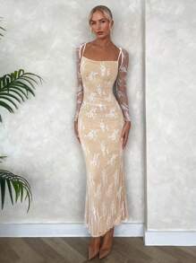 SHEIN Privé Damska biała koronkowa sukienka na ramiączkach spaghetti z długim rękawem i bolerkiem - Biały - Zobacz 6