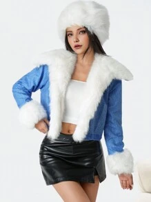 Chaqueta informal de estilo urban de efecto denim con cuello de felpa cálida para adolescentes, nuevos lanzamientos de otoño-invierno 2024