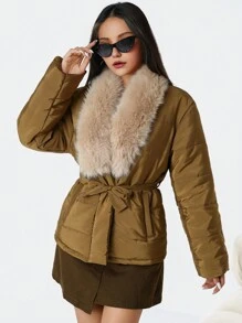 Teen Girls 2024 Fall/Winter New Brown Fluffy Collar Warm Padded Coat
