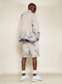 SUMWON Conjunto de 2 piezas con camisa de denim de twill impresa oversize y pantalón corto con detalle de bolsillo rasgado