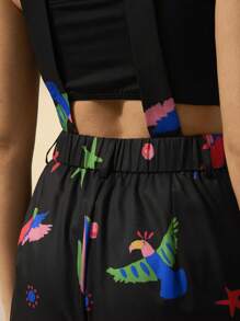 CAJUNI Women's Holiday Vacation Casual Bohemian Tropical Bird Print Black Jumpsuit For Summer