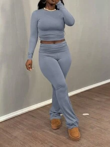 Women's Solid Color Crew Neck Long Sleeve T-Shirt And Pants Casual Set, Spring/Summer