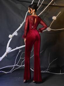 Glamrae Eleganter, wunderschöner, roter, glitzernder Jumpsuit mit falschen roten Perlen und Pailletten, Patchwork-Stretchvelours mit transparenten Ärmeln, geeignet für Hochzeit, Party, Urlaub, Abschlussfeier, Damen Partybekleidung (stark verziert) - Bordeaux - Übersicht 2