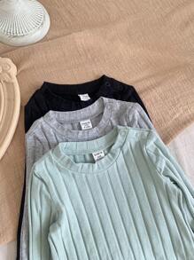 SHEIN 3件套新生女宝宝休闲纯色针织弹力长袖连体衣套装 - 青碧色 - 查看 7