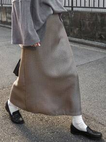 FRIFUL 女士格纹直筒厚裙，适合秋冬季 - 卡其色 - 查看 1