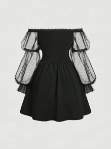 SHEIN MOD Plus Size Women Off-Shoulder Romantic Flare Sleeve Contrast Mesh Mini Dress - Black - View 2