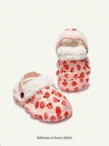 Cozy Pixies 1 双女孩可爱卡通草莓图案舒适室内拖鞋，保暖内衬保暖家居鞋，适合幼儿和儿童，适合秋冬季 - 粉色 - 查看 3