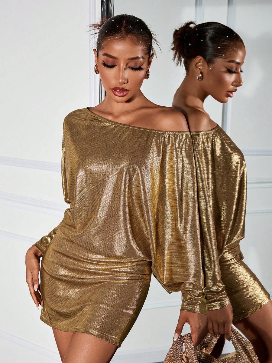 SHEIN SXY 金色不对称领口蝙蝠袖派对礼服，秋冬