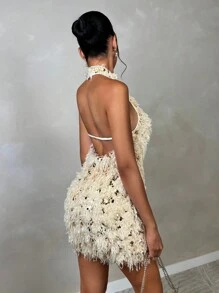 SHEIN BAE Women's Cream Summer 70s Retro Sequin Party Backless Halter Off Shoulder Mini Dress,Glitter Wedding Guest Homecoming Love And Lemonade Outfits - Khaki - View 1