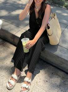 INAWLY 2 件套女士假日休闲条纹系带吊带背心和裤子套装