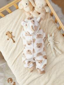 SHEIN Newborn Baby Boy Cute Cartoon Hooded Plush Jumpsuit Suitable For Autumn And Winter Home & Outdoor Wear