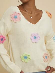 Travachic V-Neck Colorful 3D Floral Loose Casual Women's Long Sleeve Sweater,Fall Women Clothes,Women Sweaters