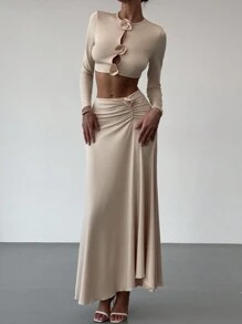 Aloruh 2 chiếc/bộ Áo thun co giãn họa tiết hoa 3D mới & Chân váy midi chữ A trang phục thường ngày thu đông - màu nâu - Xem 4