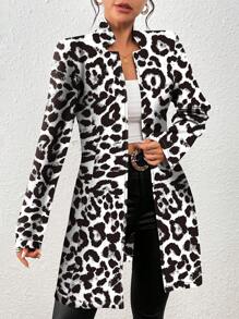 SHEIN Clasi Women Casual Vacation Stand Collar Knit Textured Leopard Print Slim Fit Jacket - Black and White - View 1