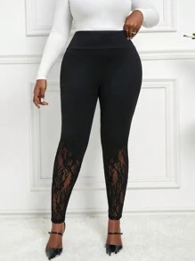 SHEIN Lady Spring And Summer Autumn And Winter Elegant Casual Black  Knitted Lace Plus Size Leggings Fall Women Clothes Women Costumes Rave Festival Outfits Business Women Clothes Capri Pants