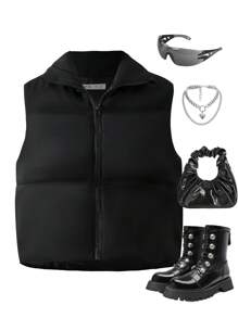 SHEIN Áo khoác đệm ngắn không tay cổ đứng thường ngày cho bé gái tuổi teen - màu đen - Xem 1