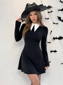 SHEIN EZwear 时尚拼色领迷你连衣裙，秋季 - 黑色 - 查看 4