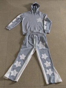 PAVTROS Manfinity Streetrush Men Letter And Pentagram Print Hooded Sweatshirt And Drawstring Long Pants Casual Suit, Fall Clothes - Grey - View 3
