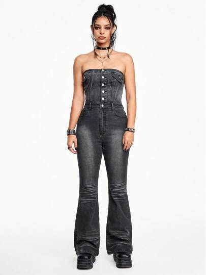 Grunge Punk Sexy Y2K Style Ruched Bandeau & Flared Leg Denim Jumpsuit
