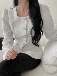 DAZY Women's Solid Square Collar Button Front Long Sleeve Elegant Jacket