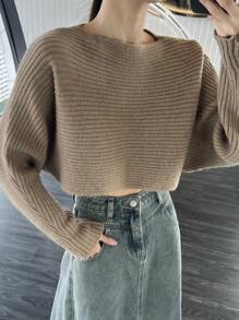 DAZY Dames effen ronde hals vleermuismouwen lange mouw cropped losse trui, herfst/winter