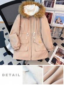 Abrigo medio holgado y cómodo de color beige para niña preadolescente, con capucha forrada y peludo cuello con bolsillos, abrigado para otoño e invierno