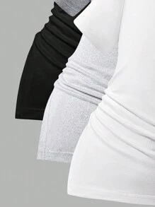 SHEIN 3pcs/Set Tween Girls' Summer Casual Solid Color Ruched Asymmetric Hem T-Shirts - Multicolor - View 4