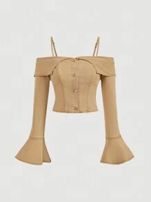 SHEIN MOD Women's Denim Off-The-Shoulder Long Sleeve Blouse In Khaki - Khaki - View 1