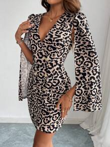 SHEIN Privé Women's Spring & Autumn Leopard Print V-Neck Double Breasted Cape Sleeve Elegant Blazer - Multicolor - View 7