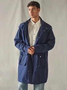 Manfinity VCAY 男士休闲宽松连帽长袖风衣，适合秋冬 - 藍色 - 查看 1