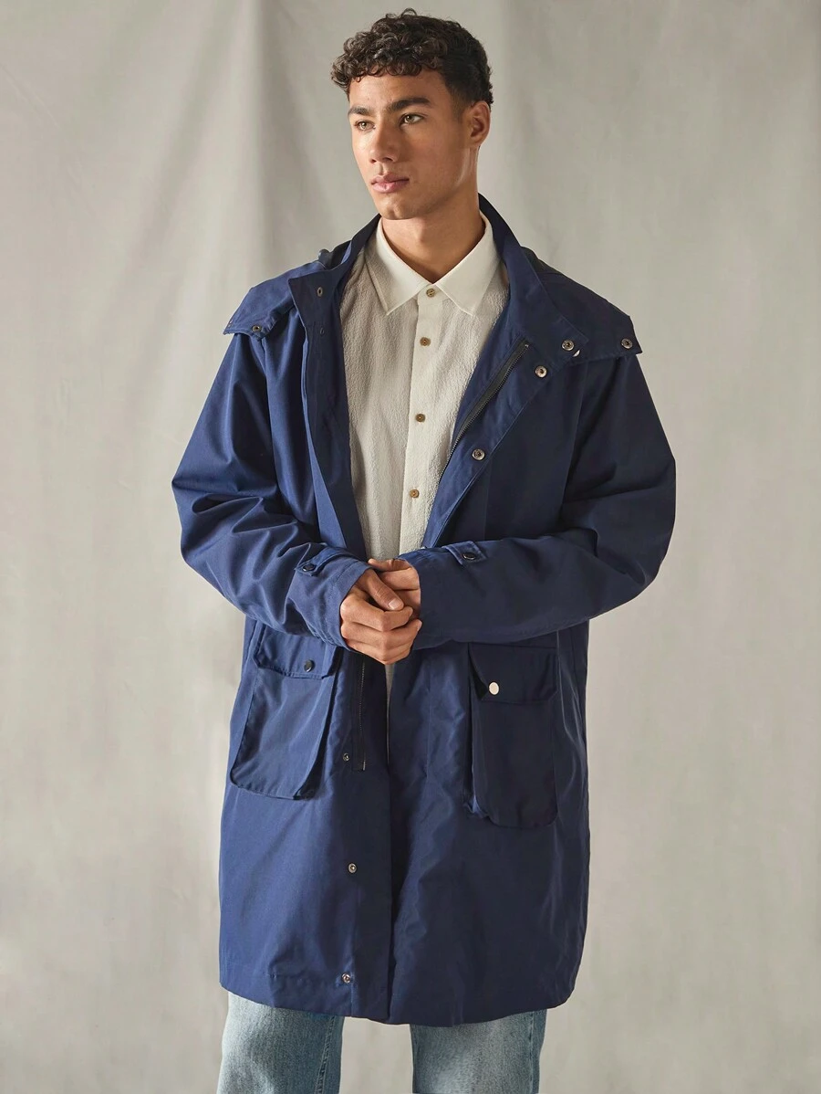 Manfinity VCAY 男士休闲宽松连帽长袖风衣，适合秋冬 - 藍色 - 查看 1
