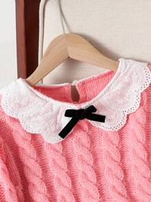 SHEIN 女童花边领毛衣，粉色和白色拼色，秋冬季甜美风格 - 粉色 - 查看 3