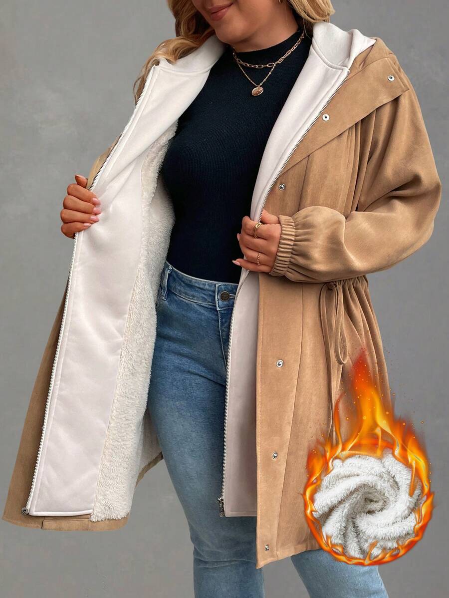 SHEIN LUNE 大码女式冬季纯色长袖二合一保暖内衬腰部抽绳连帽夹克冬季服装 - 卡其色 - 查看 1