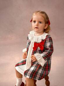 SHEIN Baby Girl Elegant Plaid Patchwork 2 In 1 Dress, Spring & Fall, For Christmas - Red - View 6