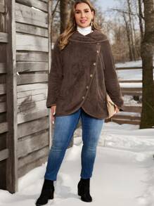 EMERY ROSE 大码长袖正面纽扣蓬松休闲羊毛大衣 - 棕色 - 查看 5