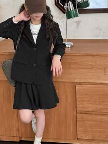 DAZY Set de 2 piezas con blusa de manga larga con botones al frente y falda evasé de unicolor para niña preadolescente