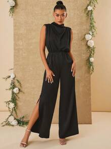 SHEIN Unity Draped Front Wide Leg Jumpsuit With Shoulder Pads - Black - View 1
