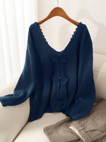 SHEIN Frenchy Plus Size Women's Bow Lace Splice V-Neck Pullover Sweater, For Winter - Navy Blue - View 1
